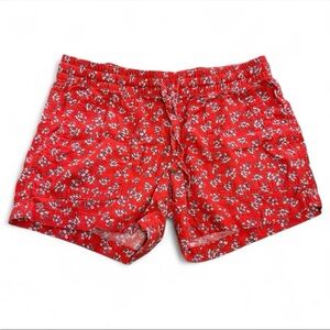Women’s Linen Red Floral Pull On Shorts